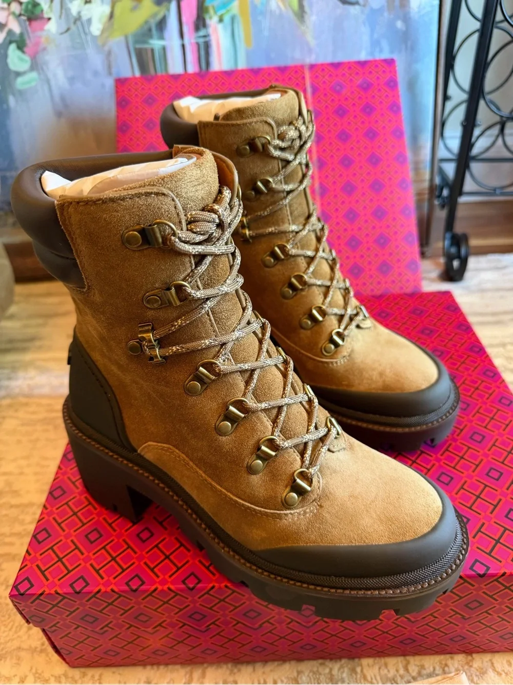 Tory Burch Suede Lug Sole Lace-Up Hiker Ankle Boots